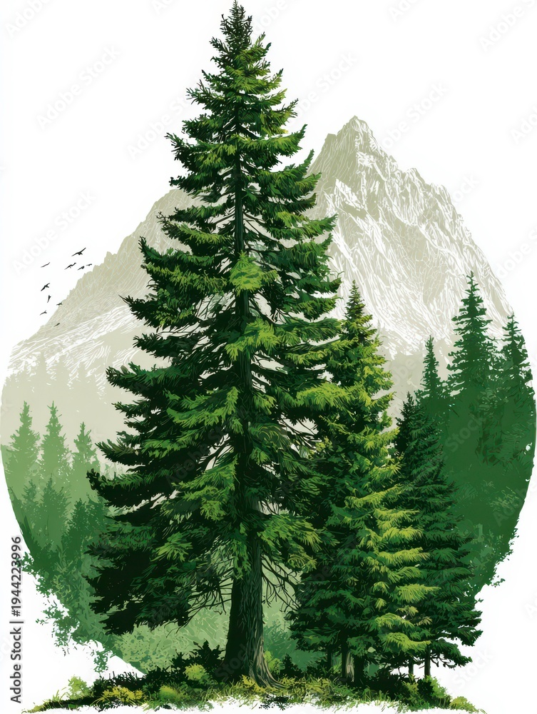 Fototapeta premium Tall green trees stand in front of a mountain with snow on the peaks in a natural setting during daylight