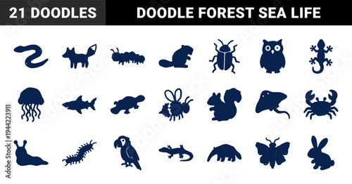 Hand-drawn wild animal and sea life silhouettes for organic brand identity. Rustic, naive marker sketch illustrations of forest and ocean creatures.