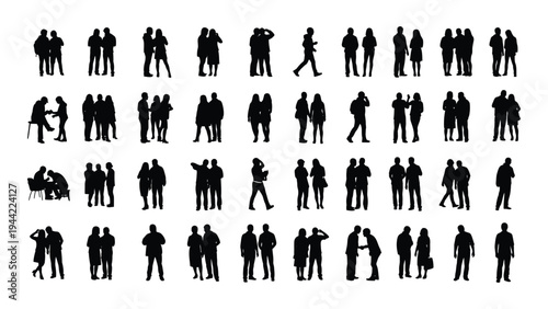 Collection of diverse human silhouettes in various poses and actions on white background for design and illustration