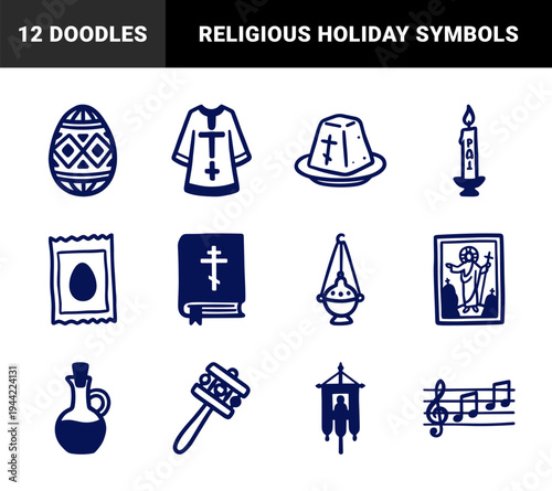 Eastern Orthodox Easter traditions and religious symbols in a rustic hand-drawn doodle style. Naive marker sketch illustrations for church events.