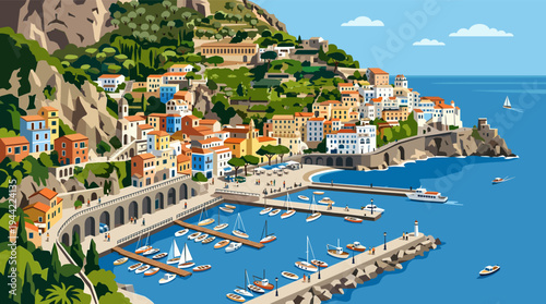 Colorful illustration of a Mediterranean coastal town built on a hillside with a busy harbor full of boats, people walking, offering a vibrant and inviting travel destination.