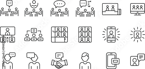online, communication, meeting, video, conference, webinar, teamwork, collaboration, chat, discussion, business, call, network, line, icon, set, outline, vector, collection, connection