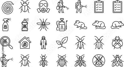 Pest control line icons set, exterminator insects mosquito cockroach rat pesticide spray protection bug outline vector collection