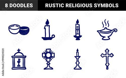 Hand-drawn religious liturgical elements and christian symbols in a rustic naive doodle style. Crude marker sketch sacred items for church branding.