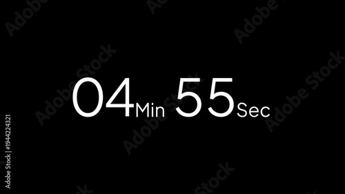 5 minute countdown timer animation from 5 to 4 minute, digital countdown timer transparent background. 5 minute countdown timer animation
