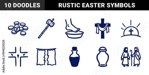 Hand-drawn Christian Easter and Passion Week symbols in a rustic navy blue doodle style. Naive marker sketch illustrations for religious storytelling.