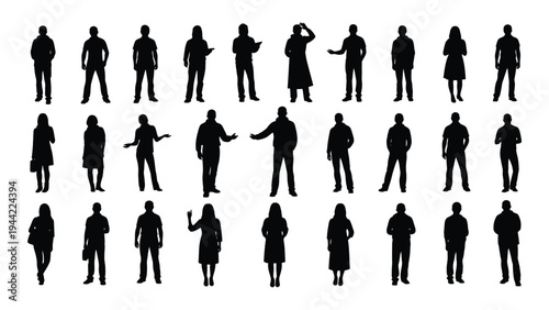 Collection of diverse human silhouettes in various poses and occupations