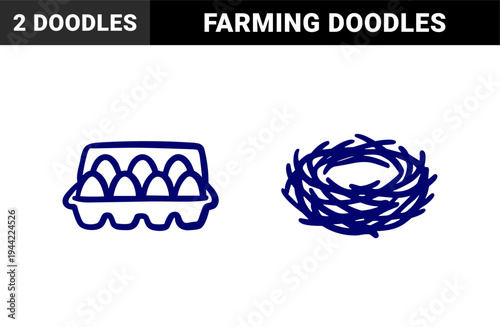 Hand-drawn bird nest and egg carton doodles for rustic farm branding. Naive blue marker sketch illustrations featuring natural agriculture concepts.