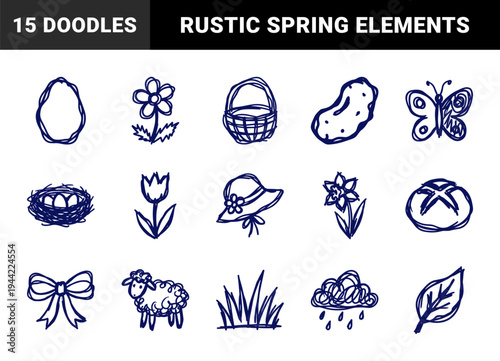 Hand-drawn spring and easter elements in a naive doodle style. Rustic marker sketch illustrations featuring garden, nature, and seasonal holiday concepts.