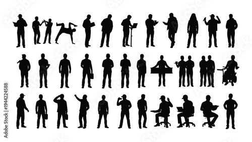 Collection of diverse human silhouettes with various poses and actions on white background for design and illustration
