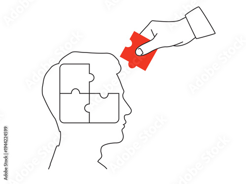 A hand places the missing puzzle piece into a person's head. Decision aid concept - outline illustration with red accent. Vector illustration isolated on a white background