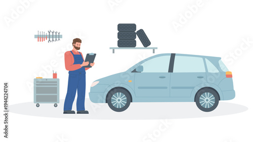 A mechanic with a clipboard stands next to a car in a car service. Auto diagnostics. Flat vector illustration isolated on a white background