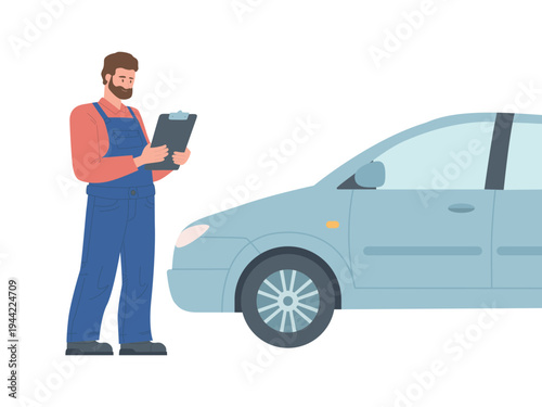A mechanic with a clipboard stands next to a car. Auto diagnostics. Flat vector illustration isolated on a white background