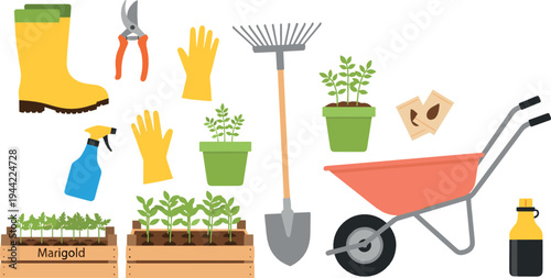 Gardening Tools and Equipment Collection with Wheelbarrow Shovel Rake Boots Gloves Plants and Seeds Vector Illustration Set