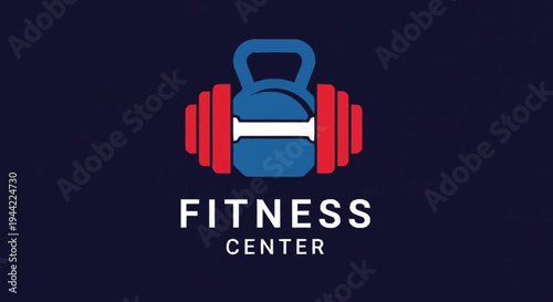 Fitness Center Logo with Dumbbell and Kettlebell.
