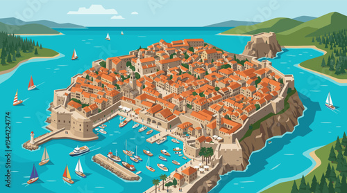 Vector illustration of Dubrovnik, Croatia, featuring the iconic walled city on the coast, with terracotta rooftops, surrounded by the Adriatic Sea with sailing boats.