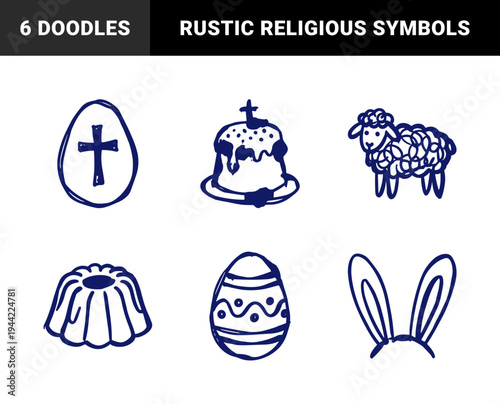 Hand-drawn Easter holiday and religious celebration elements. Naive marker sketch illustrations featuring paschal cake, decorated eggs, and spring symbols.