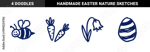 Hand-drawn spring and garden elements in a naive marker sketch style. Rustic blue ink doodles of carrots, bee, decorated egg, and flower.