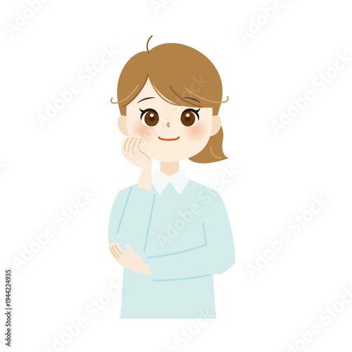 頬杖をついて笑顔の女性のイラスト　リラックス・思案中