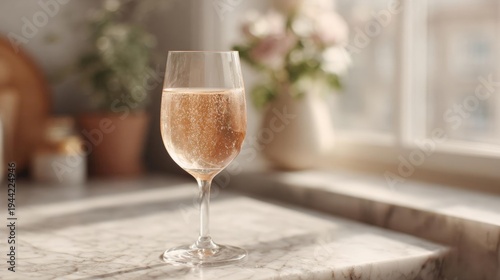 Glass of champagne on a marble countertop in front of a window. the glass is filled with a sparkling pink liquid, likely champagne, and is standing upright on the countertop.