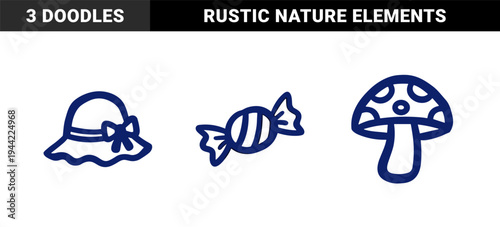 Hand-drawn whimsical summer and childhood elements featuring a sun hat, wrapped candy, and forest mushroom. Naive marker sketch illustrations for organic branding.