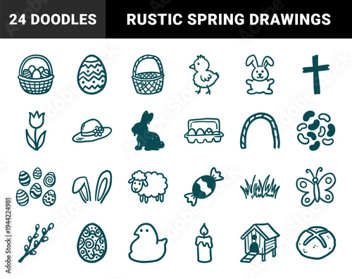 Hand-drawn Easter holiday and spring celebration elements for organic branding. Rustic naive marker sketch illustrations of rabbits and eggs.