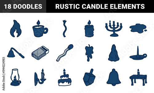 Hand-drawn candle and illumination elements for rustic brand identity. Naive marker sketch illustrations featuring fire, light, and cozy warmth concepts.