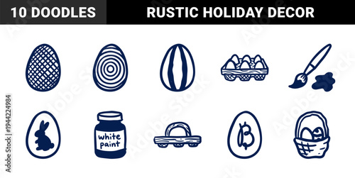 Easter egg painting and spring holiday doodle elements for festive branding. Rustic, naive marker sketch illustrations of baskets and eggs.