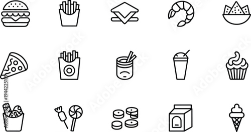 Fast food and snack line icons set, burger, fries, pizza, shrimp, cupcake, ice cream, dessert takeaway