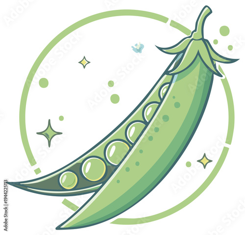 Fresh Green Pea Pod with Shiny Peas and Abstract Sparkle Elements
