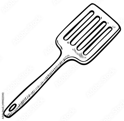Hand drawn illustration of a slotted metal cooking spatula with a long handle and a hole for hanging