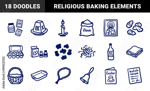 Orthodox Easter baking and religious tradition elements in a naive doodle style. Hand-drawn rustic sketches of Paska, icons, and kulich ingredients.