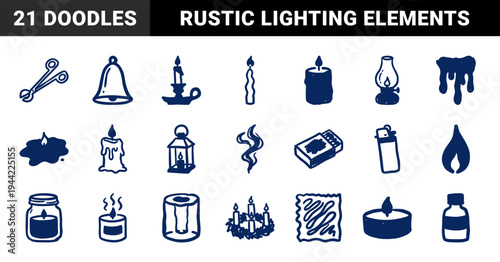Hand-drawn candle and fire light elements for cozy home branding. Rustic naive marker sketch illustrations featuring aromatherapy and wax light concepts.