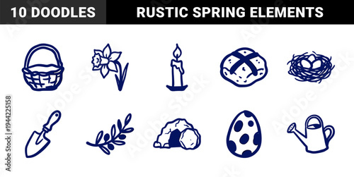 Easter and spring religious celebration elements in a naive marker sketch style. Rustic hand-drawn symbols featuring resurrection, gardening, and holiday traditions.