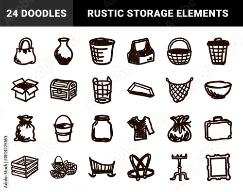 Hand-drawn rustic storage containers and household organization elements. Crude marker sketch illustrations featuring baskets, boxes, and domestic vessels.