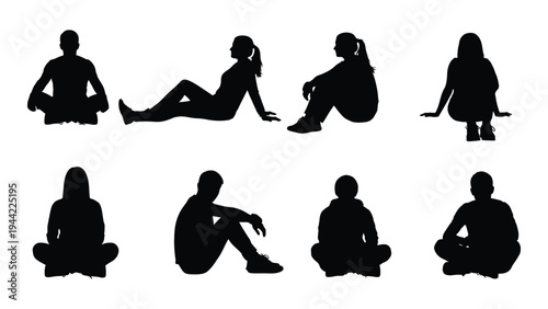 Collection of diverse human silhouettes in various sitting and reclining positions on a plain background