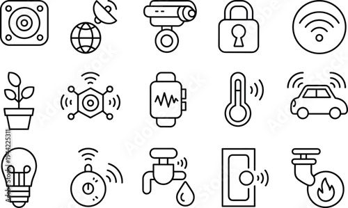 smart, home, iot, technology, automation, security, wifi, sensor, device, control, network, digital, house, line, icon, set, outline, vector, collection, system