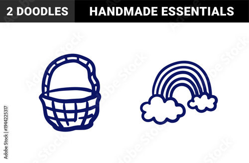 Hand-drawn rustic basket and rainbow doodle elements for organic branding. Naive blue marker sketch illustrations for spring and picnic themes.