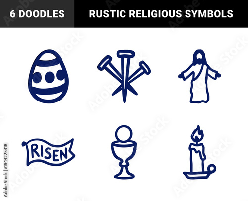Hand-drawn Easter and Christian religious elements with a naive marker sketch aesthetic. Rustic, clumsy doodle illustrations for holiday branding.