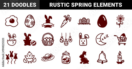 Hand-drawn Easter holiday and spring celebration elements for organic branding. Rustic, naive marker sketch illustrations featuring bunny and egg concepts.