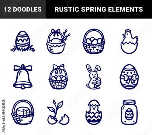 Rustic hand-drawn Easter holiday elements for organic branding. Naive marker sketch illustrations featuring traditional spring celebration symbols.