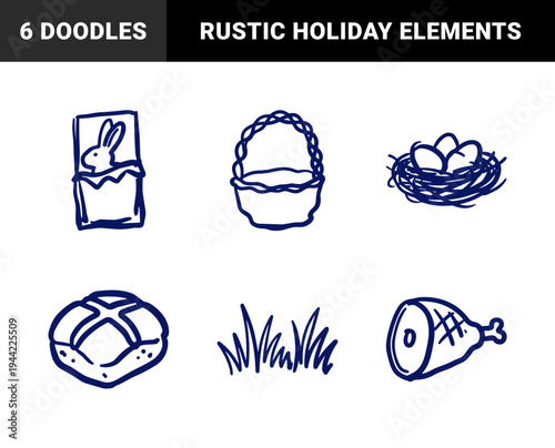 Easter holiday traditions and seasonal food elements in a rustic naive marker sketch style. Hand-drawn festive doodles for organic spring branding.