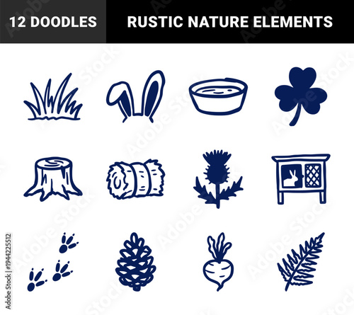 Hand-drawn rabbit care and woodland nature elements in a rustic naive doodle style. Clumsy marker sketch illustrations for organic branding.