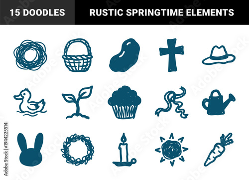 Hand-drawn Easter and springtime garden elements for rustic brand identity. Naive marker sketch illustrations featuring holiday and nature concepts.