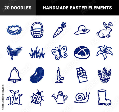 Hand-drawn Easter and spring garden elements for organic seasonal branding. Naive blue marker sketch illustrations featuring bunny, eggs, and flowers.