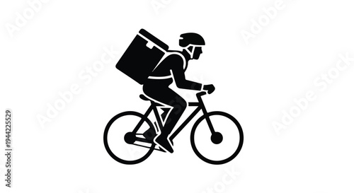 A delivery person riding a bicycle with a large bag on the back against a clean white background.