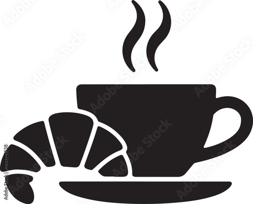 Coffee Cup with Croissant Icon – Breakfast Cafe Silhouette Vector