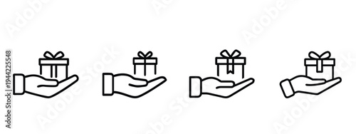 Hand giving gift box and surprise present outline icon set for charity and reward service and more vector illustration or editable stroke