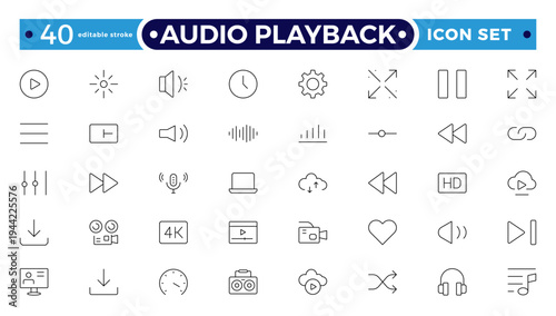 Audio playback outline icon set. Audio and video icon set, multimedia sound and media player symbols, music playback icons, modern flat vector design. Editable stroke outline icon.
