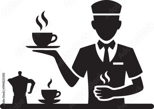 Waiter Serving Coffee Icon – Cafe Service Silhouette Vector